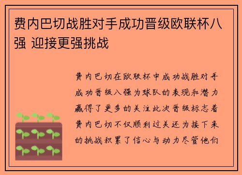 费内巴切战胜对手成功晋级欧联杯八强 迎接更强挑战 费内巴切战胜对手成功晋级欧联杯八强 迎接更强挑战